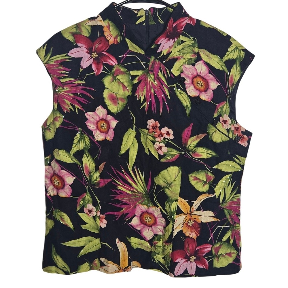Miss Dorby Linen Blend Floral Mandarin Collar‎ Top 14 Tropical Asian Resort Boho